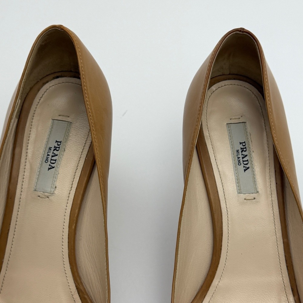 Prada Milano Women's Size 36.5 Tan Leather Peep Toe Wedge Heels Made in Italy - Picture 3 of 8